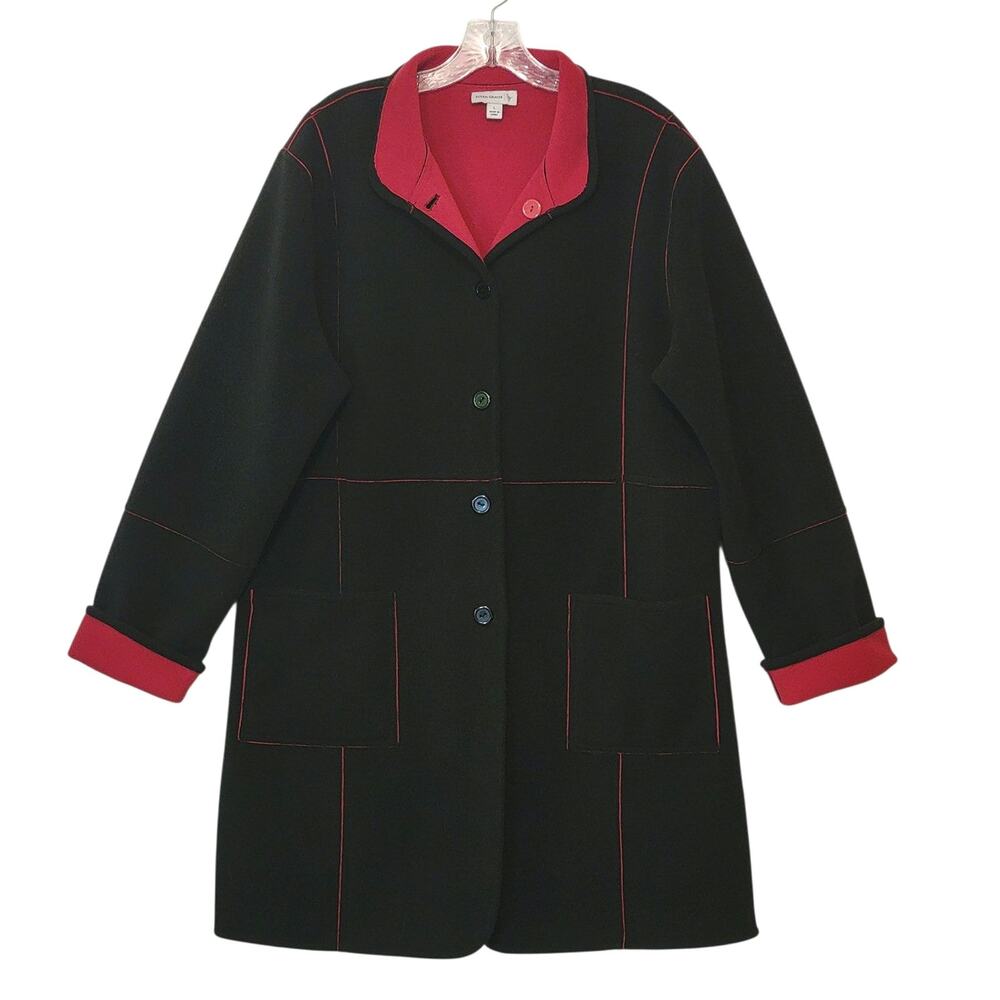 Susan Graver Fleece Coat Red and Black Button Down Mid Length Casual Jacket L